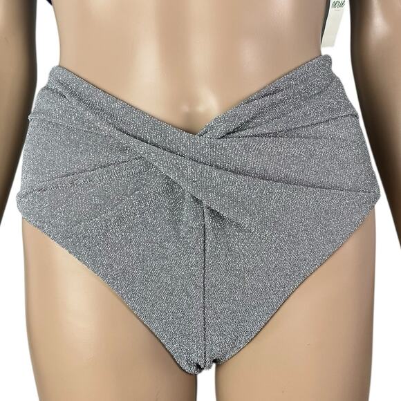 New Beach Riot Zuri Silver Glitter High Waist Twist Bikini Bottom - Picture 8 of 8